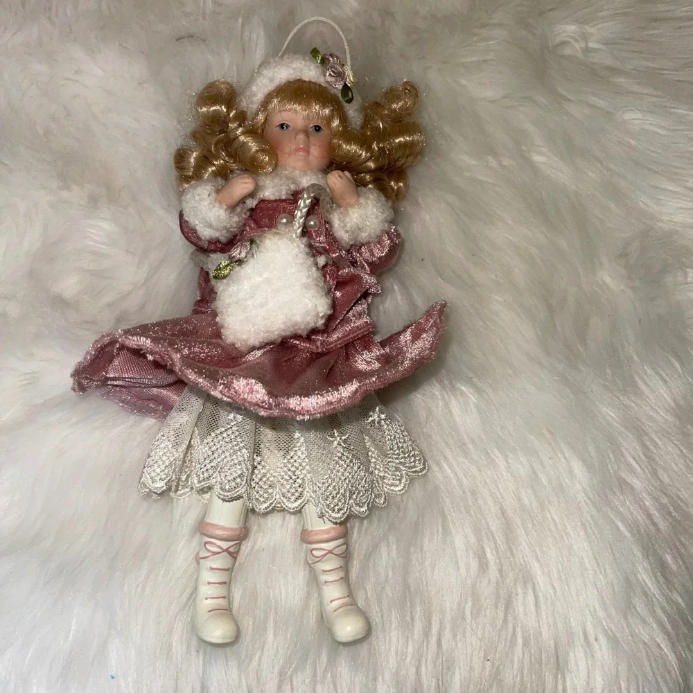 Vintage Dillard's Trimmings Winter Girl Ornament Pink‎ Velvet Coat w/ Box